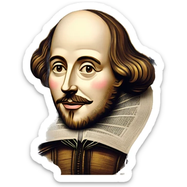 Shakespeare made of newspaper cuttings wearing flowers, stained glass, fairy lights, bokeh, annotated sketch, handwritten letters, collage of intricate patterns, gold swirls, bokeh, lights  sticker