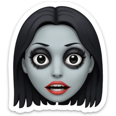 woman with gray skin and black hair and a creepy face with white eyes and hollow mouth sticker