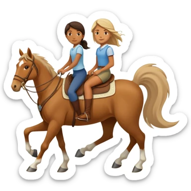 a 10 year old girl is riding an old horse with a woman. 2 boys are walking beside them. One boy is 17 and the other is 22 sticker