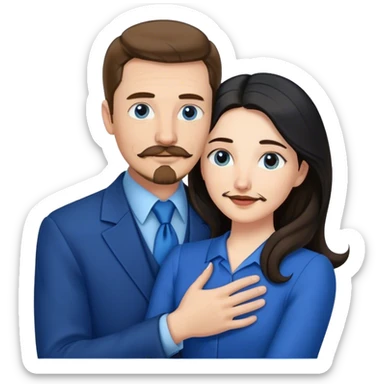 tall white man with brown hair goatee mustache hugging a pale woman with long black hair, wearing blue formal clothing sticker