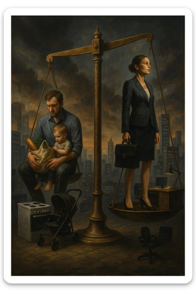 Scena metaforica: una bilancia sociale sbilanciata, con un uomo seduto da un lato con un bambino in braccio e una borsa della spesa, mentre una donna in carriera in abiti formali guarda lontano con espressione determinata. Intorno a loro, simboli confusi dei ruoli tradizionali (fornello, scrivania, passeggino, ufficio). Sullo sfondo, una città moderna e caotica. L’atmosfera è riflessiva, non giudicante. Luci contrastate, come a simboleggiare tensione culturale. in italiano sticker