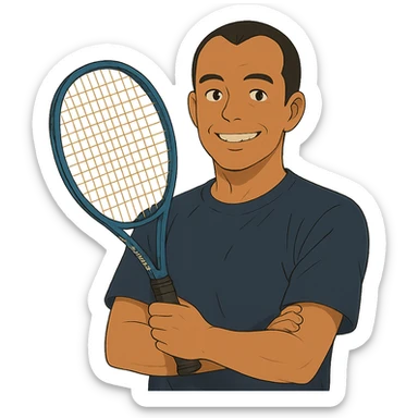 ghibli style light brown skinned tennis coach, short straight black hair with widow's peak, oval face, small eyes, smiling, holding blue Yonex racket, wearing navy blue dry fit shirt sticker
