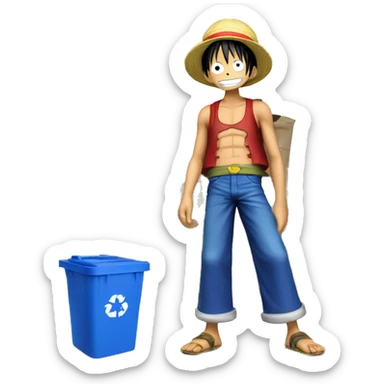 Luffy from one piece taking out his recycling bin, which has a blue body and yellow lid sticker
