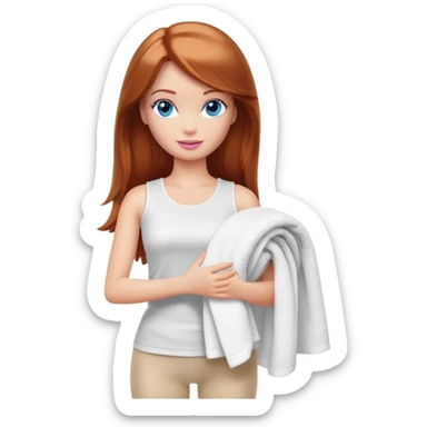 A Barbie girl with blue eyes, shoulder-length reddish-brown hair, made-up, wearing a white T-shirt and beige leggings, holding a towel in her hands sticker