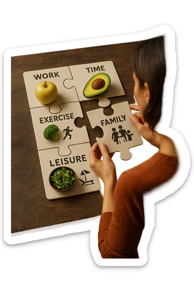 realistica cinematic photo a person is surrounded by puzzle pieces, each representing a different aspect of their life (work, exercise, family, leisure), and healthy foods are integrated into each piece. The person assembles the puzzle, creating a complete, personalized nutrition plan. The mood is uplifting and creative. in italiano sticker