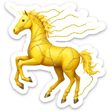 A yellow horse made entirely of crackling electricity, with visible yellow wires, lightning bolts shooting off its body, and a dynamic galloping pose. sticker