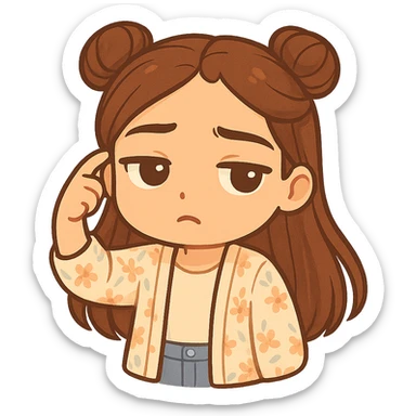 Create a chibi sticker of the girl from the reference image. She is twirling her finger at her temple with a tired, 'seriously?' look (not angry). She has brown straight hair styled in double buns, brown eyes, wearing a pastel floral cardigan and jeans. The sticker should have a white outline and a transparent background, sized 512x512px. sticker