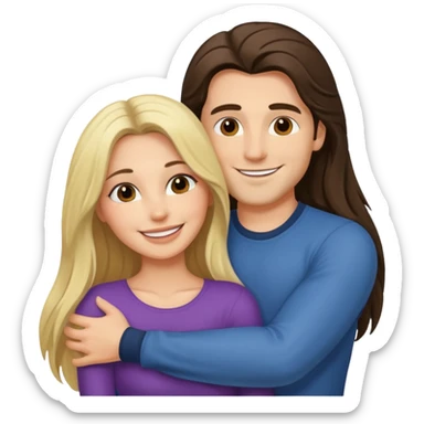 A happy boyfriend and girlfriend hug. She is brunette sexy with long hair. He is blonde sticker