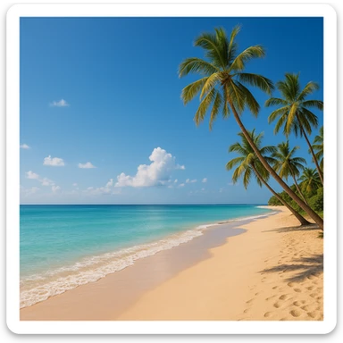 serene paradise scene with a peaceful beach, palm trees, and clear blue skies sticker