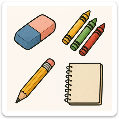 illustration of an eraser, various styles of school supplies sticker