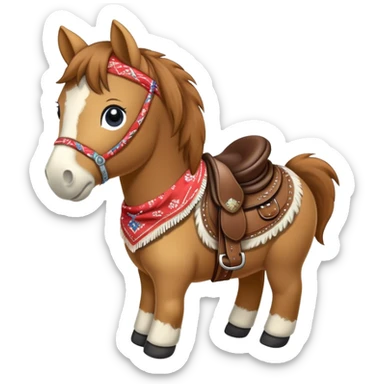 A brown plush pony with a western saddle and bandana sticker