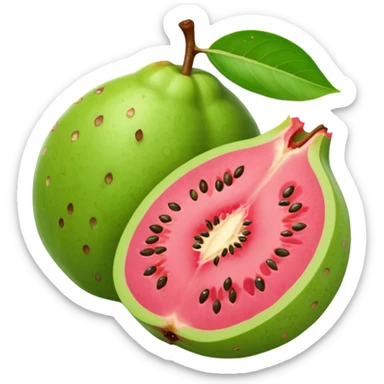 whole round or pear-shaped guava with smooth light green skin alongside a halved piece revealing bright pink or pale yellow flesh speckled with tiny edible seeds, soft juicy texture, gently uneven surface, no leaves, plate, or extras, soft lighting, subtle shadows, emoji scale sticker