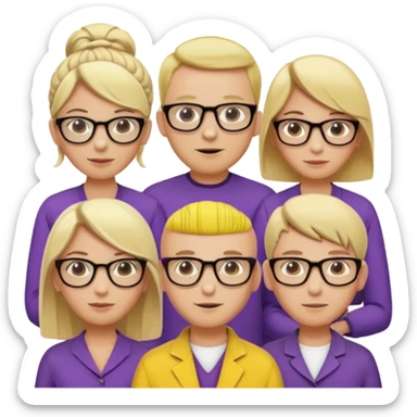 FIVE person team; 2 men and 3 women.  All dressed in yellow or purple.  2 caucasian women have blonde and 1 has ash blonde hair tied up.  1 man is black and bald, 1 man is caucasian and very little hair left.  All have glasses sticker