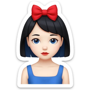 girl with white skin, short black hair, red bow, wearing a blue dress, cute and simple sticker