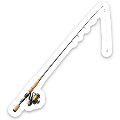 Cinematic Realistic Fishing Rod, sleek graphite rod with a smooth, polished reel, thin line disappearing into a shimmering lake, warm golden sunlight reflecting off the water, glowing with a tranquil and adventurous aura. sticker