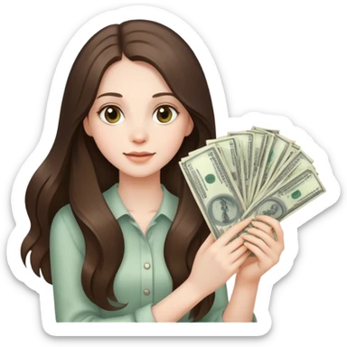 beautiful pale brunette girl with long hair holding a bunxh of money sticker