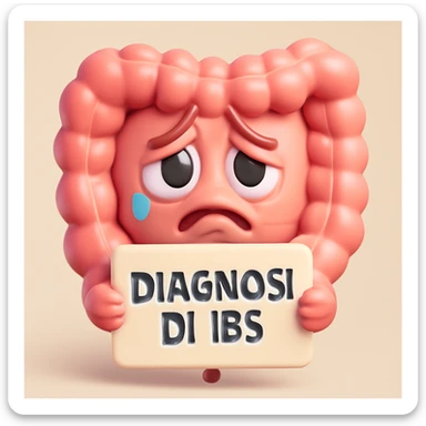 emoji stile iphone 3d di un intestino triste con espressione dolorante e un foglio in mano con la scritta "DIAGNOSI DI IBS", ESPRESSIONE TRISTE E DOLORANTE IN VOLTO, MOSTRA ANCHE LA PARTE BIANCA DEGLI OCCHI, NON SOLO LA PUPILLA sticker