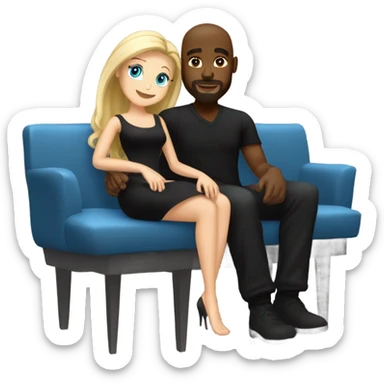 Blonde woman with blue eyes and long straight hair wearing a short black dress and a black man who is bald with a goatee seated together on a sofa enjoying a passionate embrace.   sticker