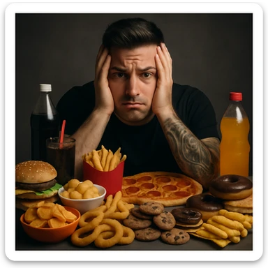 Create a realistic image of a real person similar to the reference photo: a man surrounded only by toxic food such as junk food, industrial snacks, sugary drinks, and fast food. The man has a worried expression. The atmosphere is serious and realistic. sticker