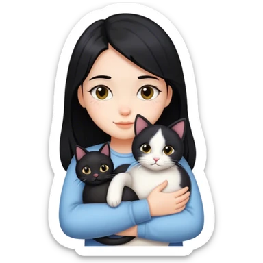 A white cute gilr with black middle hair hugging a cat sticker