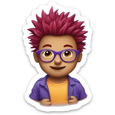 a red-haired one year baby with spiky hair and only 2 front teeth wearing purple square glasses and a blue shirt with red trim sticker