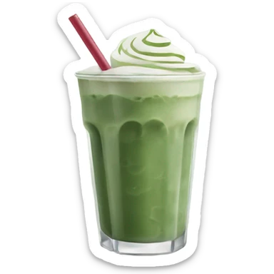 iced matcha latte in a glass and dark green traditional no whipped cream on top & a straw sticker