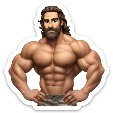 muscled hairy bodybuilder brown hair beard,enormous pecs and enormous biceps, long wavy hair in a man bun, with dark brown eyes, and tanned skin, full body from head to toes picture, flexin both biceps, hairy body, wearing, bodybuilding posing swimsuit sticker