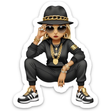 female cat wearing Run DMC hip-hop outfit with tracksuit, fedora, Adidas sneakers, dark sunglasses, many gold chains, rings, bracelets, flashy earrings, fallen down with distressed expression sticker
