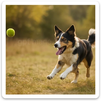 logo with text "gpt image" on the background of a dog chasing ball, realistic image sticker