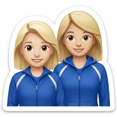 two girls smiling one has blond hair and one is has dark brown hair they are wearing royal blue track suits sticker
