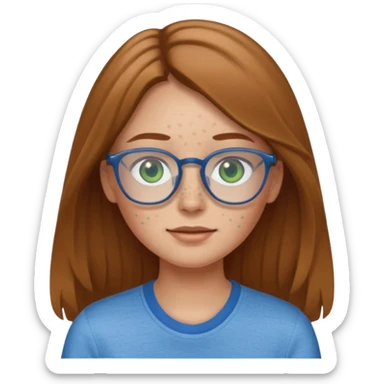 Create an emoji of a girl with light brown hair long length hair, green eyes, freckles, glasses and wearing a blue shirt sticker