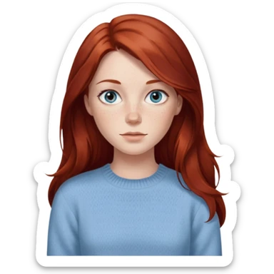 woman with long dark auburn red hair that is mostly straight but has slight waves to it. grey blue eyes. some freckles. wearing a Swedish style sweater that is neutral. the image on the right is closer sticker