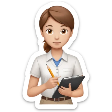 Intern or volunteer with brown hair holding a clipboard and pencil, ready to take notes or assist. The character wears a simple shirt and has an eager posture sticker