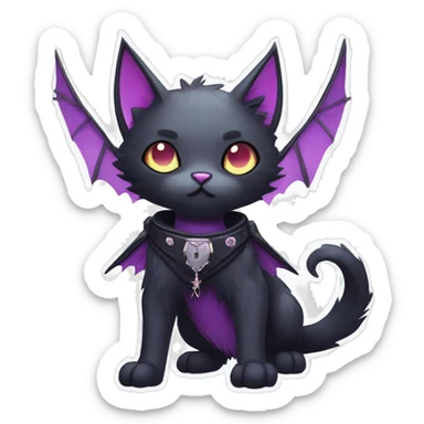   cool edgy kawaii ethereal dark-punk-themed animal vampiric cat-hybrid Fakemon with fangs and bat-wing-ears with a collar full body sticker