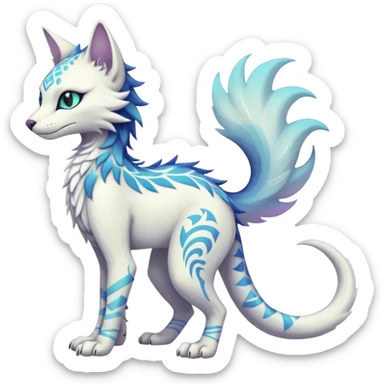 Kawaii white iridescent edgy cute cool fantasy feline-vernid-sergal-fursona animal creature with a tufted tail full body with intricate tribal markings  sticker