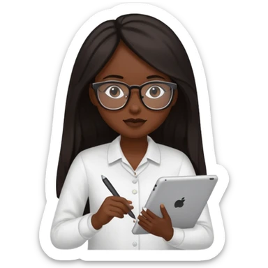 Yo, una chica de piel morena de pelo largo oscuro con lentes para ver, con la tablet trabajando  sticker