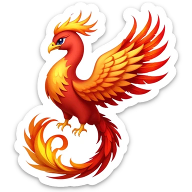 Cinematic Noble Mystical Fire Phoenix Portrait Emoji, Poised and resplendent, with a radiant, fiery plumage in brilliant hues of scarlet, gold, and ember, featuring elongated, elegant tail feathers that flow like molten lava, and piercing, wise eyes reflecting the eternal cycle of rebirth; rendered with lifelike texture and luminous natural highlights, high shine, majestic and awe-inspiring, styled with an aura of mythic resurgence, focused and regal, soft glowing outline, capturing the essence of a legendary phoenix rising from the flames with timeless grace! sticker