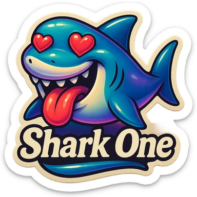 mouth open with tongue out heart shaped eye add the words “ Shark One " in White sticker