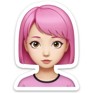 An Asian girl with pink short hair, big eyes, thick eyebrows, and long eyelashes;  sticker