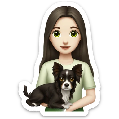 pale skin girl with green eyes with long dark brown hair that had a flower in her hair  holding a black and brown cavalier dog  sticker