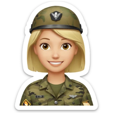 Apple-style emoji: female soldier, bust, no cap/helmet, friendly smile, generic camo top, blonde hair sticker