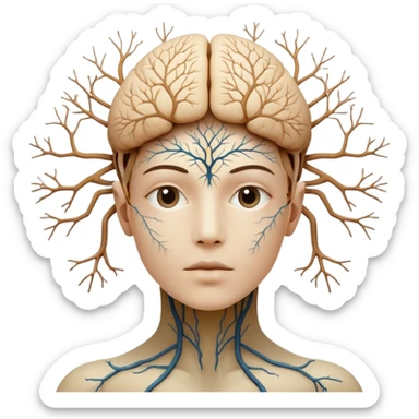 generate an image of a face of a human being blended with neurons, micelium, universe, inspired in a mentat of dune sticker