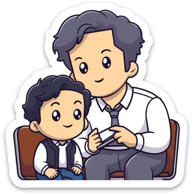 Management educator with black wavy hair, stubble, strong features, white skin, smart casual attire, sitting with a young professional, providing career guidance and mentorship, thoughtful listening expression sticker