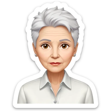 Elderly Marian Pabón with elegant facial features, light rosy complexion, expressive eyes with age lines, medium well-defined lips, sophisticated pronounced cheekbones, short spiky silver hair styled like a men's cut, dressed in a crisp white button-up shirt sticker