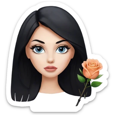 Glamours, tanned, very beautiful girl, with big pump peach-beige-rose lips, eyeliner, long lashes, black straight smooth silky long hair, straight parting hair, blue-grey eyes in black clothes sticker