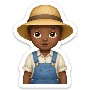 African baby in vintage countryside clothes, overalls, straw hat, chubby cheeks, rural farm setting sticker