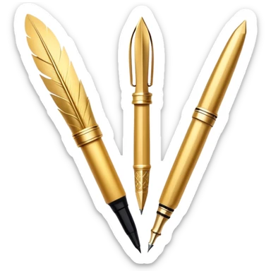 two golden quills with feathers and fountain pen tips crossing in front of each other like an X
Color: Gold. style like an emoji with gradients and shadowing minimal esthetic, white backgroudn sticker