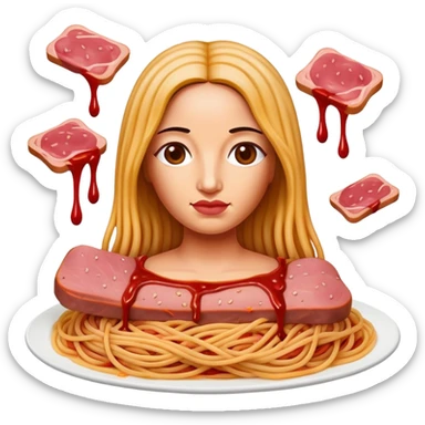 monalisa with SPAM meat melted pink dripping sauce spaghetti portrait sticker
