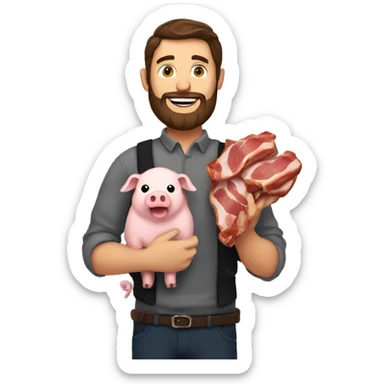 Brunette man with beard holding a pig in one hand and bacon in another hand  sticker