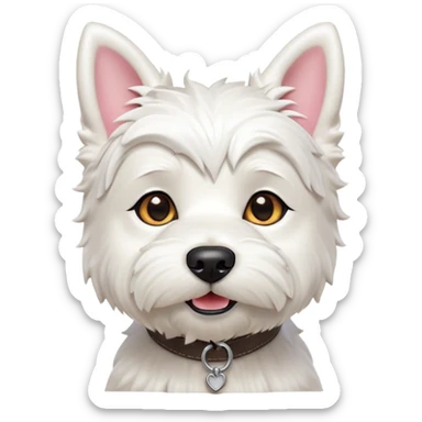 Cinematic Cute West Highland White Terrier Portrait Emoji, Head tilted playfully and inquisitively, featuring a fluffy, immaculate white coat with perky ears, round, sparkling dark eyes filled with curiosity, Simplified yet irresistibly adorable features, highly detailed, glowing with a warm, friendly glow, high shine, affectionate and lively, stylized with a touch of whimsy, bright and endearing, soft glowing outline, capturing the essence of a mischievous yet loving pup, so playful it feels like it could bound out of the screen and into your arms! sticker
